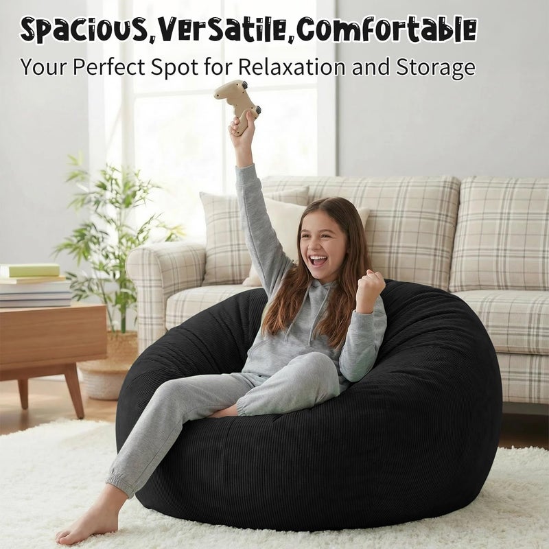 Nobildonna 3 ft Bean Bag Chair Cover (No Filler) 35"Ã—43" Large Stuffed Animal Storage Bean Bag Washable Big Beanbag Chair Cover Premium Corduroy Stuffable Bean Bag Cover for Adults,Kids,Black 300L - Image 5